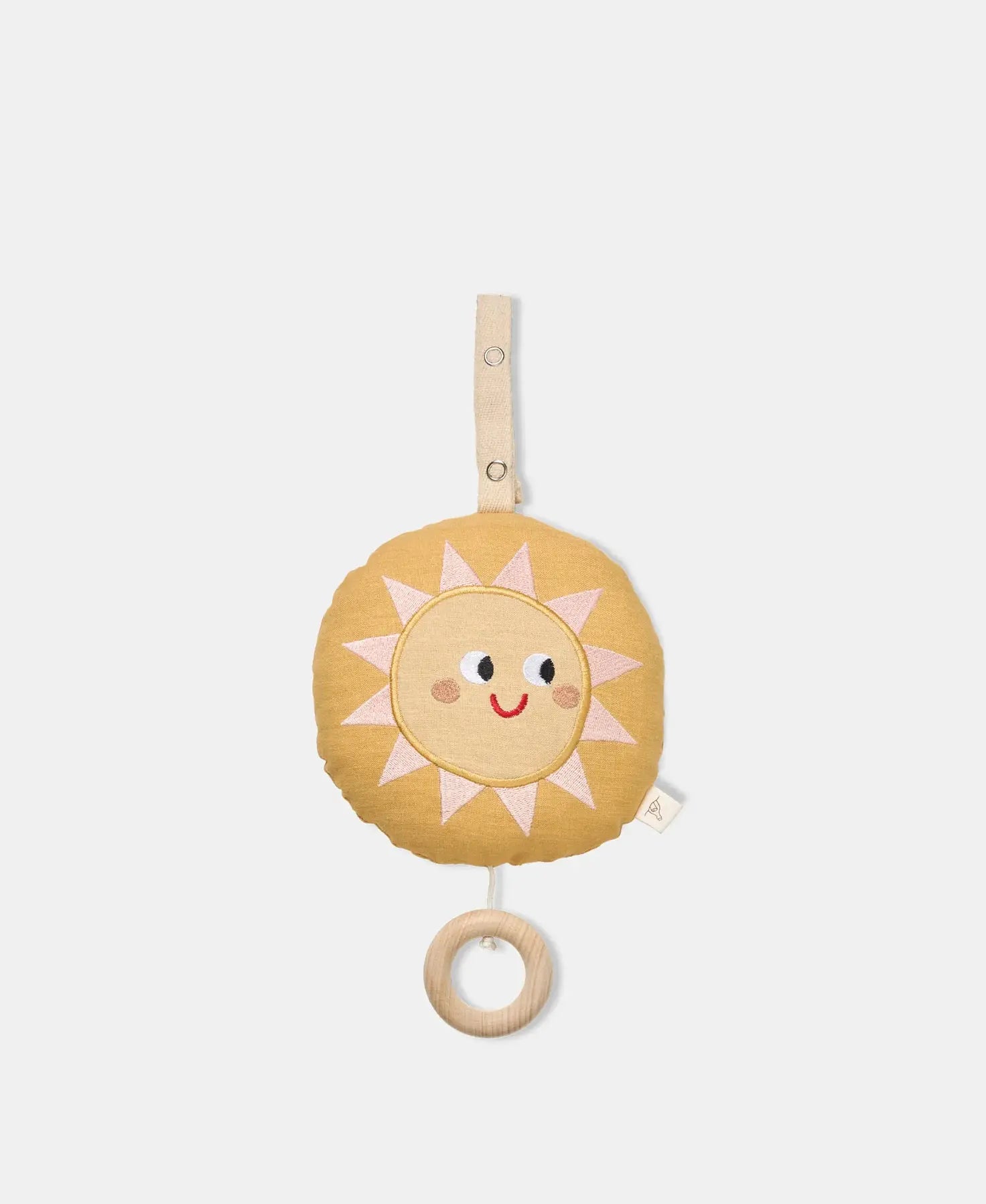 Dear April Sally sun mobile for crib by Citron Grenadine; sun-face plush with pink rays and wooden ring