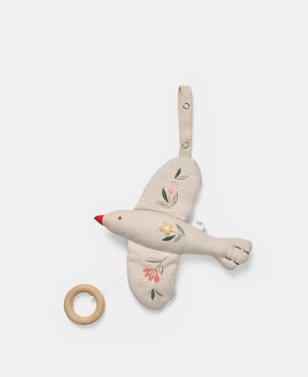 DEAR APRIL field mobile oiseau, soft white fabric with floral embroidery and a wooden ring
