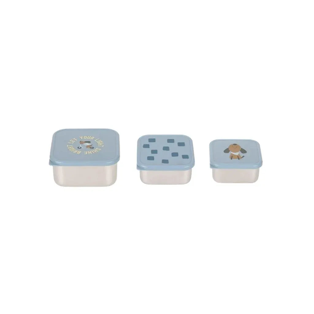 LÄSSIG set de 3 boîtes à collation party blue; contenants alimentaires avec couvercles bleus et motif chien