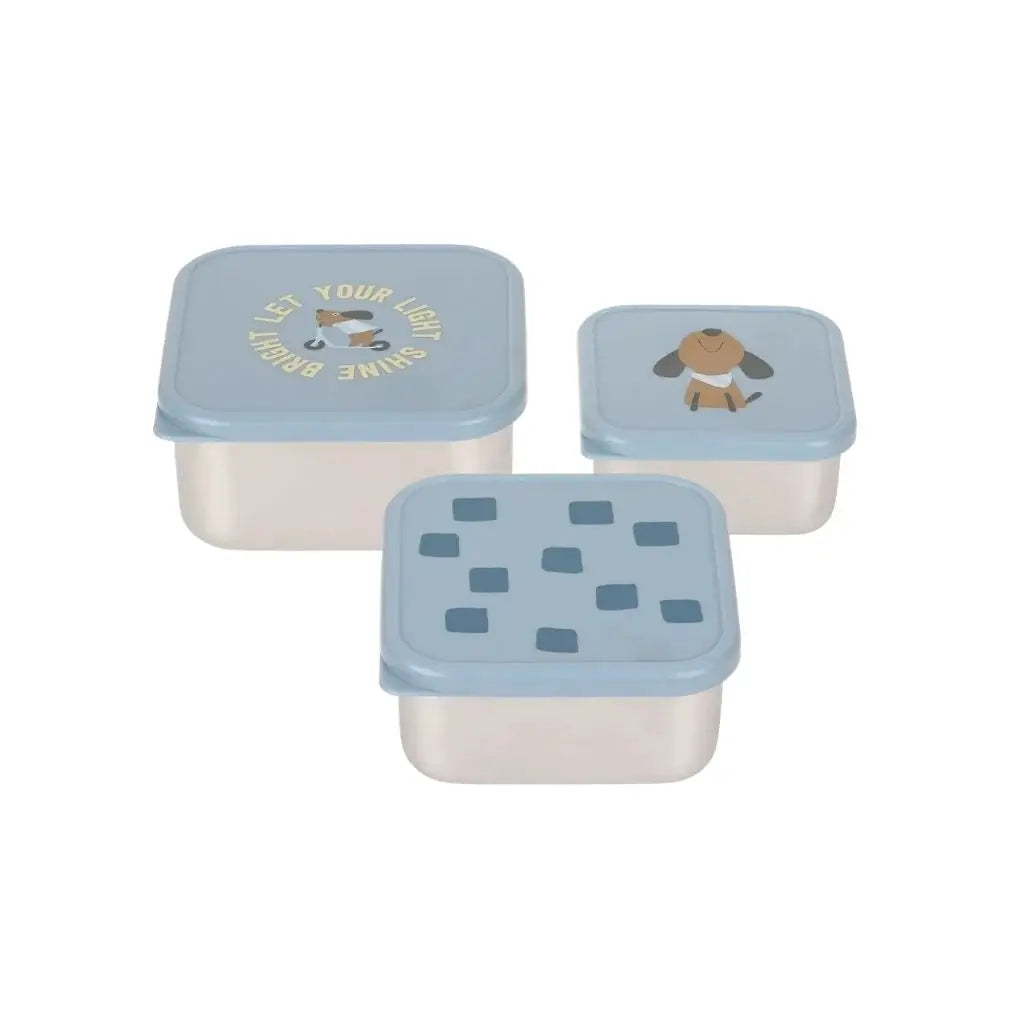 LÄSSIG 3-piece snack containers set in party blue with blue lids and dog illustrations