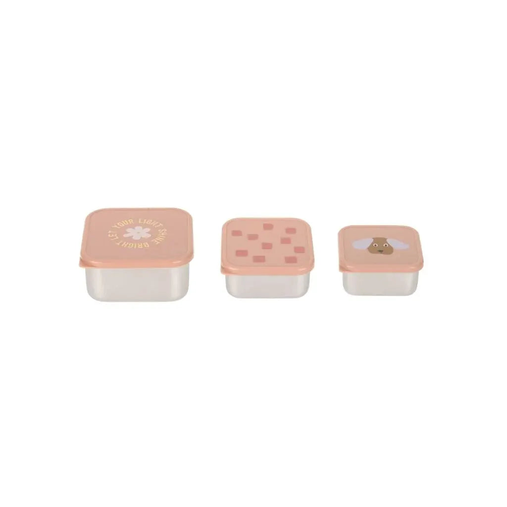 Lot de 3 boîtes à collation LÄSSIG, couvercles rose pêche; designs variés: texte, damier et visage de chien