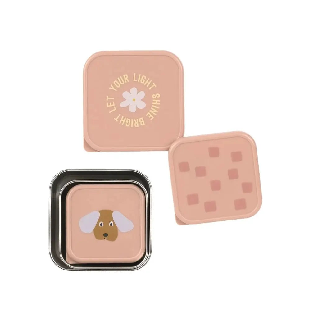 Set de 3 boîtes à collation party pink par Citron Grenadine, contenants alimentaires roses avec motif chien et fleurs