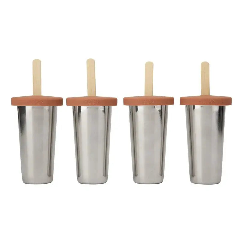 HAPS NORDIC ice lolly makers with terracotta lids; four stainless-steel molds with wooden sticks.