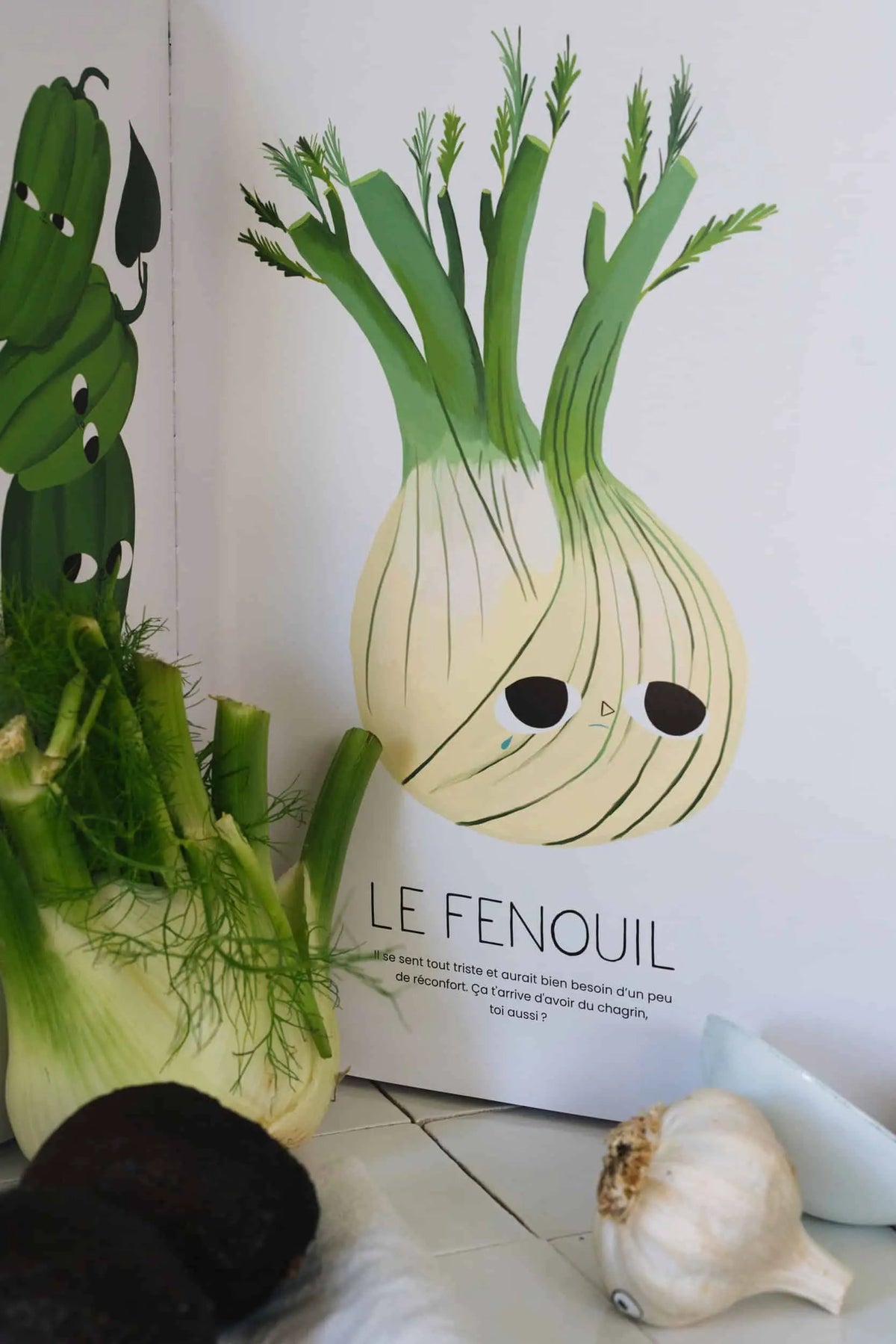 Print book Marcel et Joachim: les petits caractères with fennel illustration on white page