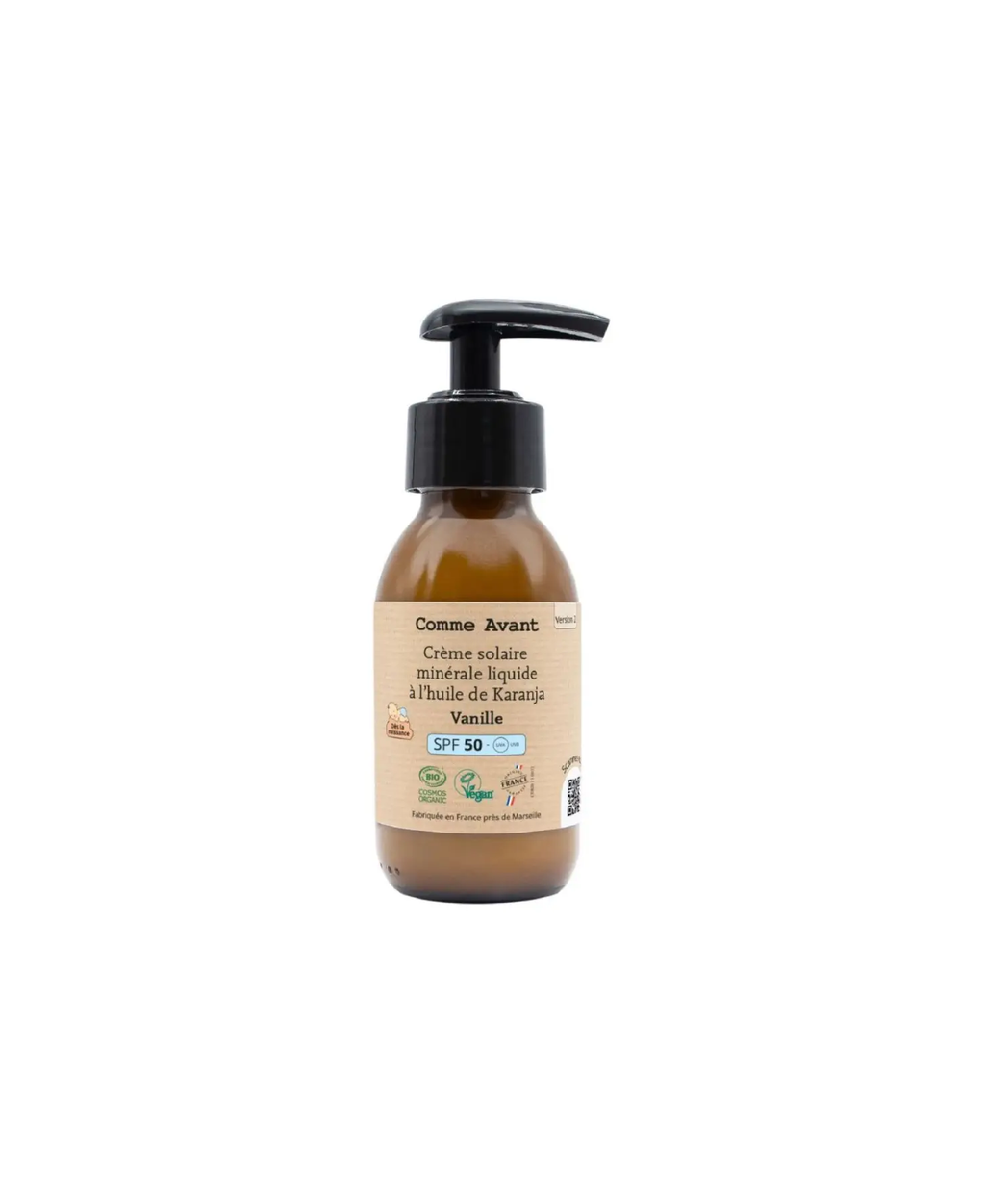 Crème solaire minérale liquide Comme Avant SPF50 à l'huile de karanja et vanille, Citron Grenadine
