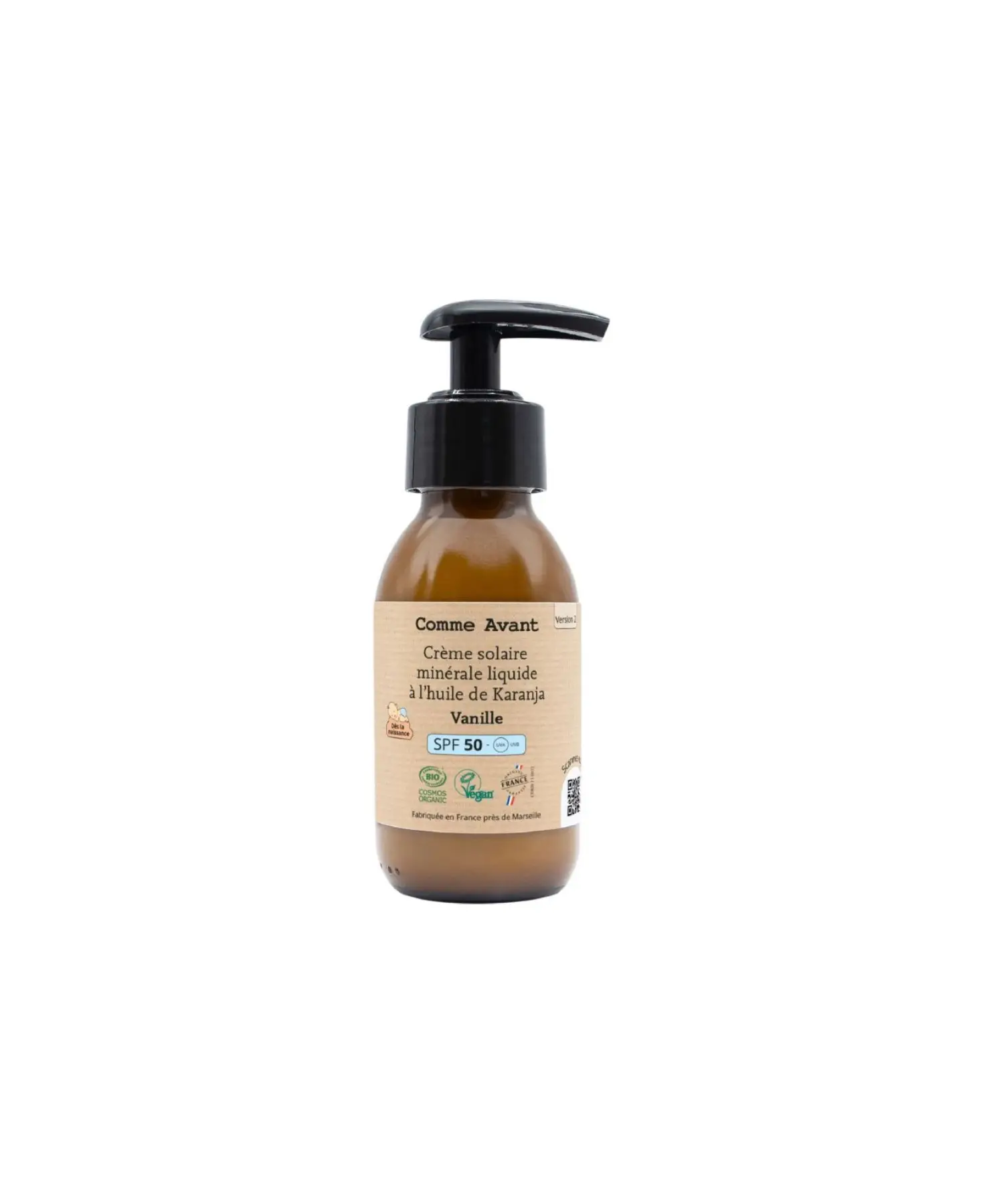 Comme Avant crème solaire minérale liquide à l'huile de karanja SPF 50 vanille, pompe noire, bouteille ambrée