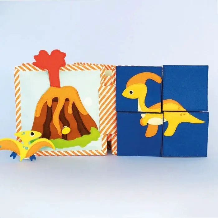 JOLLY DESIGNS livre d'éveil Dino Friends avec volcan et 4 blocs bleus, dinosaure jaune