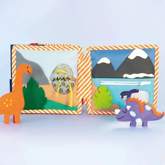 JOLLY DESIGNS livre d’éveil dino friends, 2 livres felt avec dinosaures orange et violet et paysages