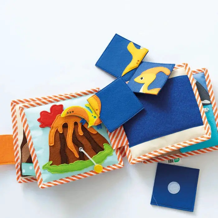 JOLLY DESIGNS livre d'éveil dinosaure pour bébés, feutrine bleue et motifs orange, jouet sensoriel