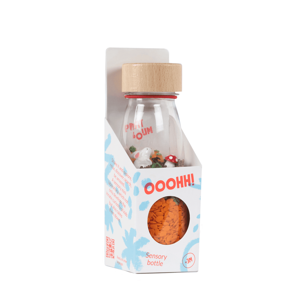 Bouteille sensorielle Petit Boum avec bouchon en bois et lapin; jouet d’éveil Citron Grenadine