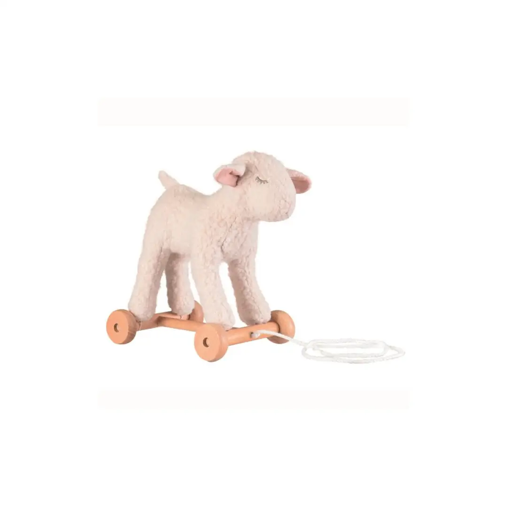 EGMONT TOYS animal à tirer plush sheep on wooden pull cart with rope, pink Citron Grenadine