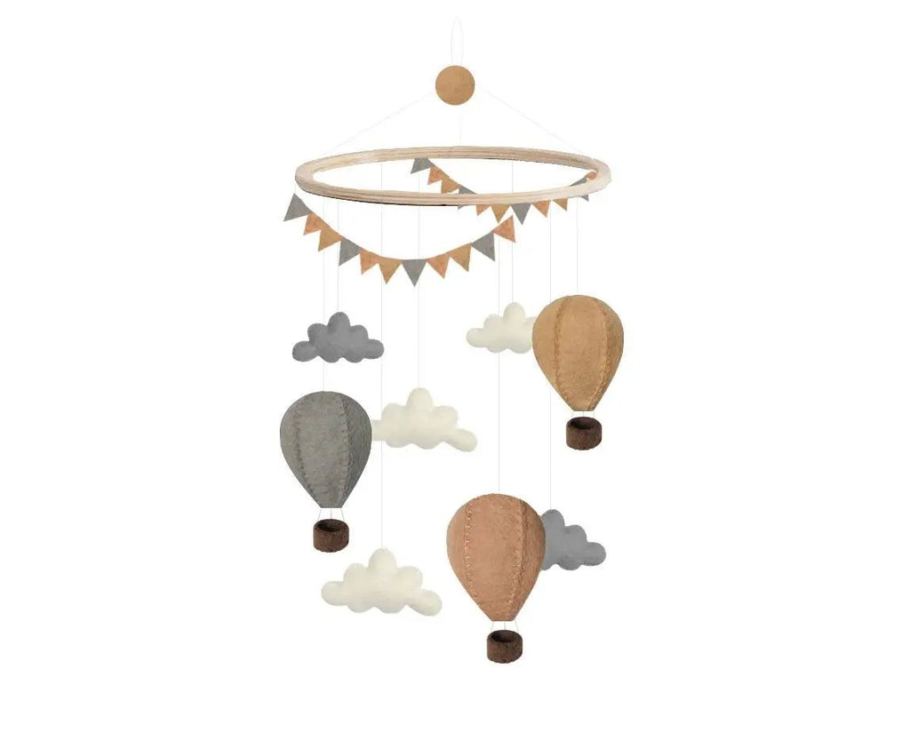 GAMCHA mobile montgolfières pour berceau, Citron Grenadine; beige et gris avec 3 ballons et nuages