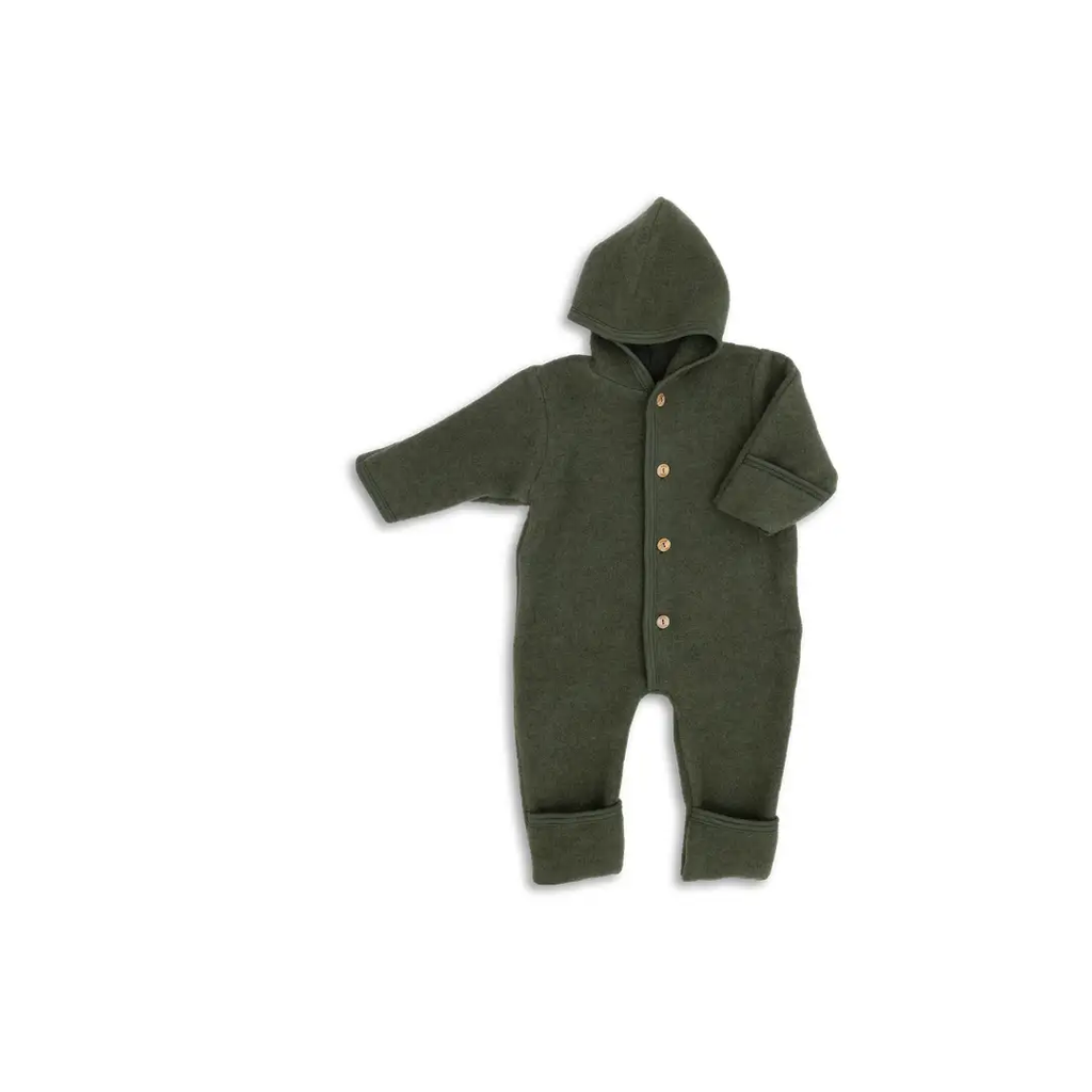 Engel Natur combi pilote baby snowsuit by Citron Grenadine, schilf melange olive with hood and wooden buttons