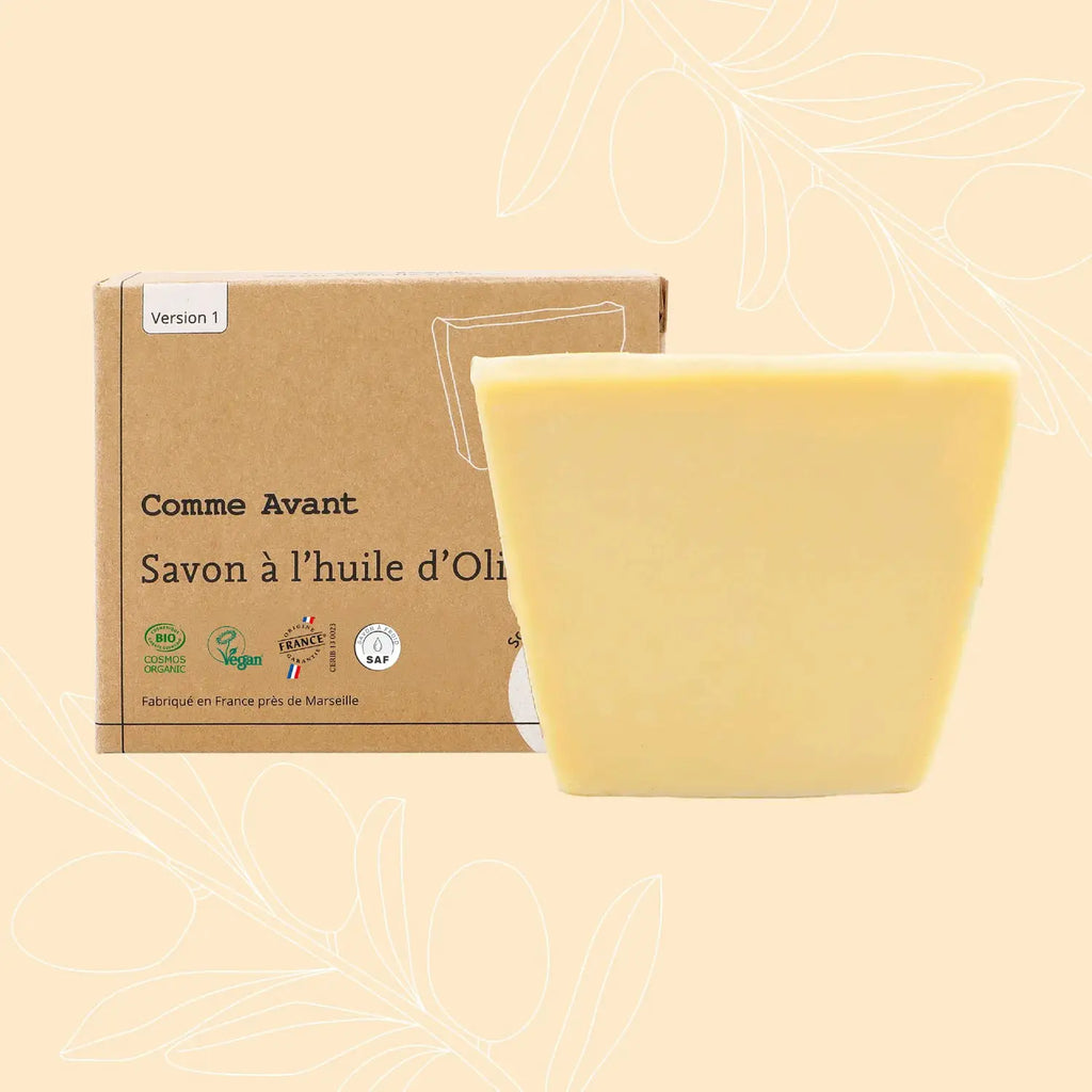 Savon solide COMME AVANT à l'huile d'olive, jaune pâle, boîte en carton