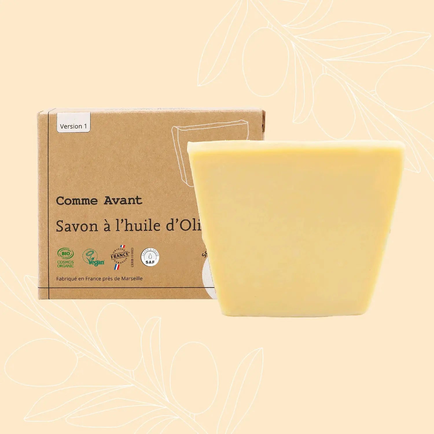 Savon solide COMME AVANT à l'huile d'olive, jaune pâle, boîte en carton