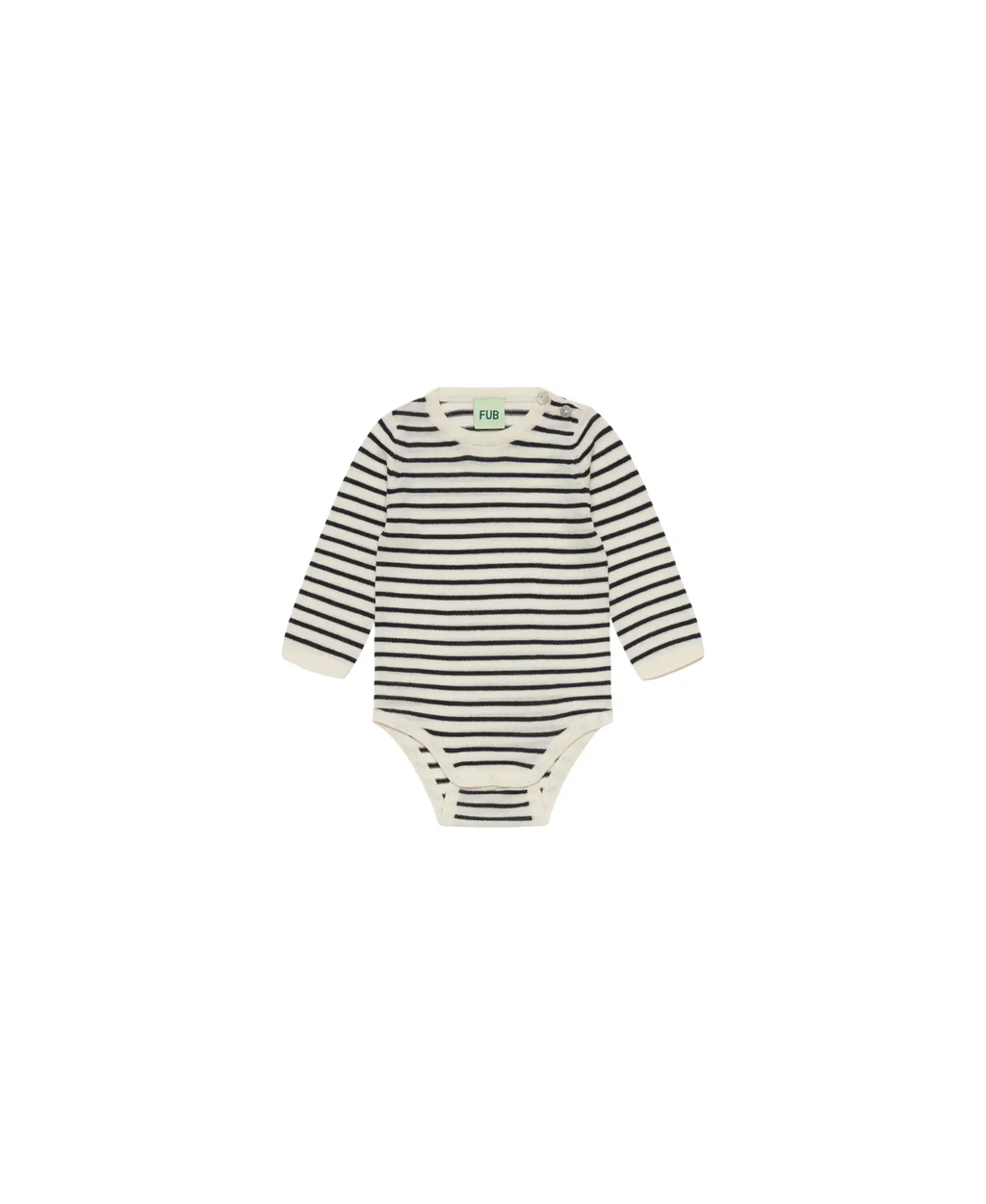 FUB merinos body in écru-dark navy stripes; Citron Grenadine baby bodysuit with shoulder and bottom snaps