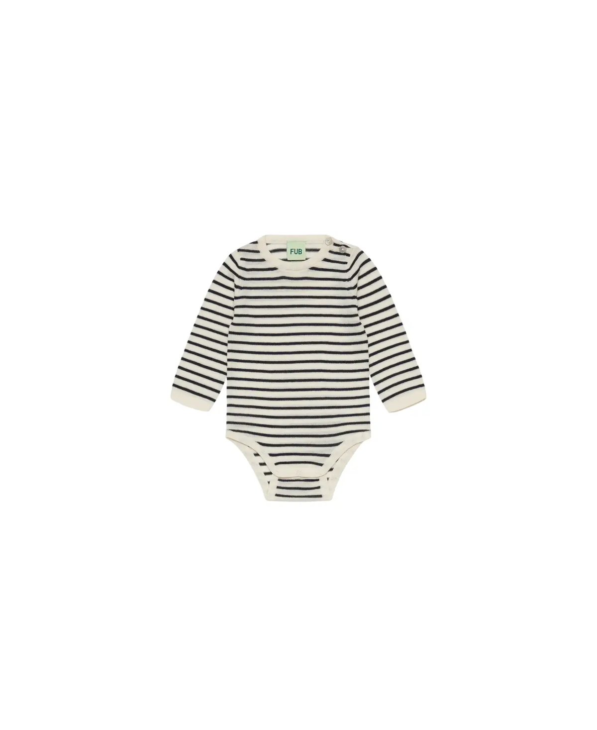 FUB merinos body in écru-dark navy stripes; Citron Grenadine baby bodysuit with shoulder and bottom snaps