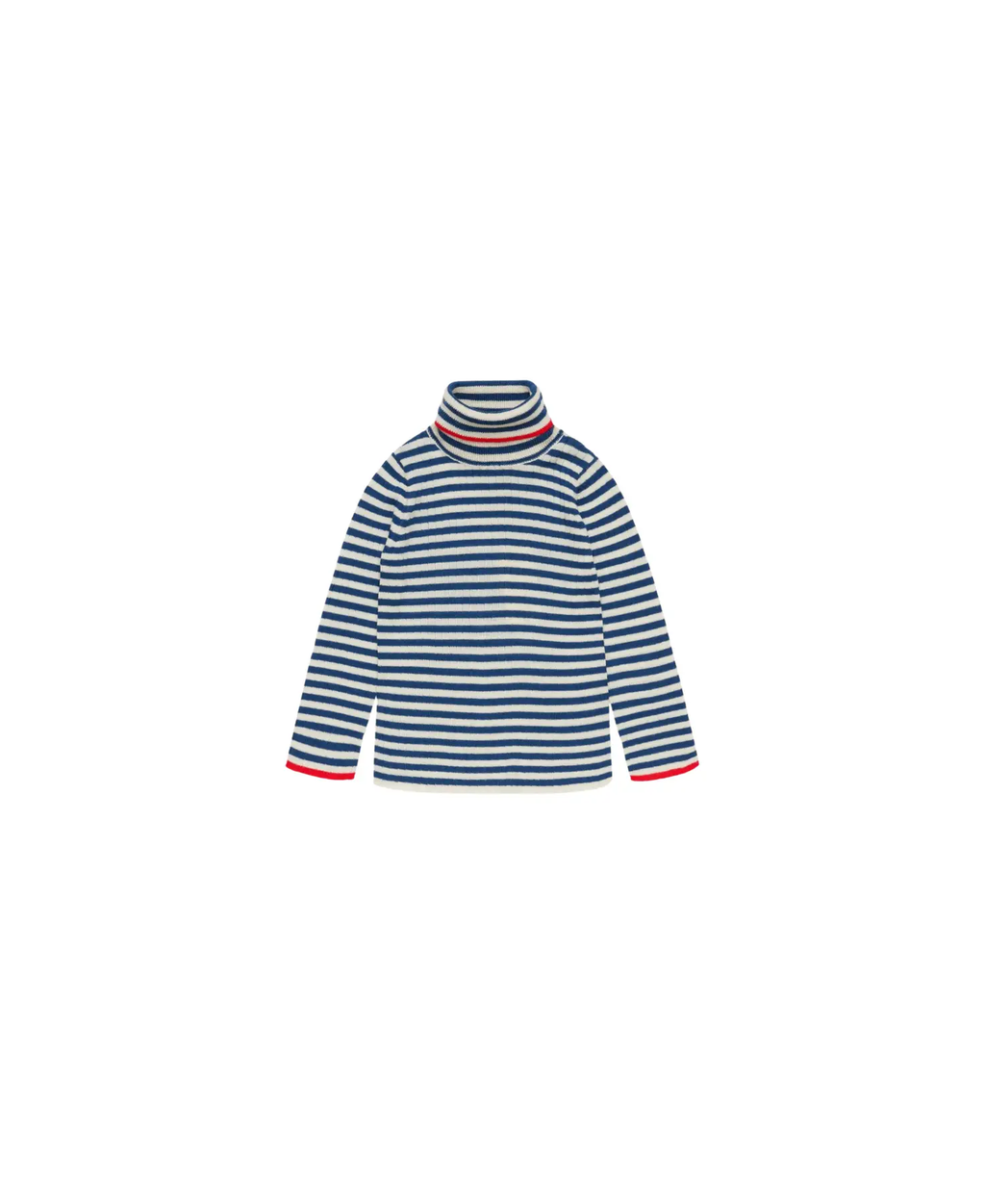Pull col roulé en mérinos FUB, rayé écru et indigo profond avec bord rouge, Citron Grenadine
