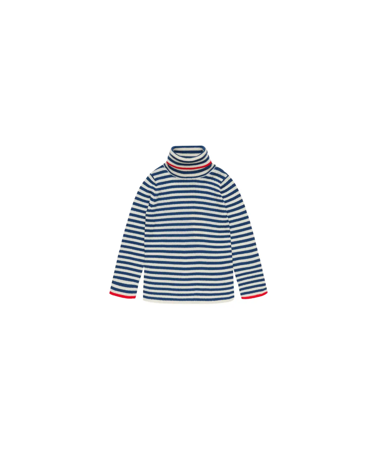 Pull col roulé en mérinos FUB, rayé écru et indigo profond avec bord rouge, Citron Grenadine