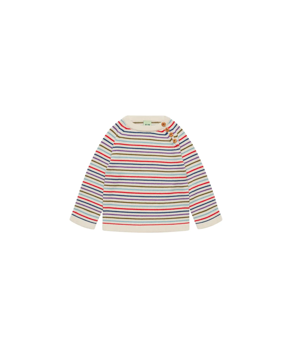 Pull en merinos FUB anniversary stripe multicolore avec boutons bois Citron Grenadine