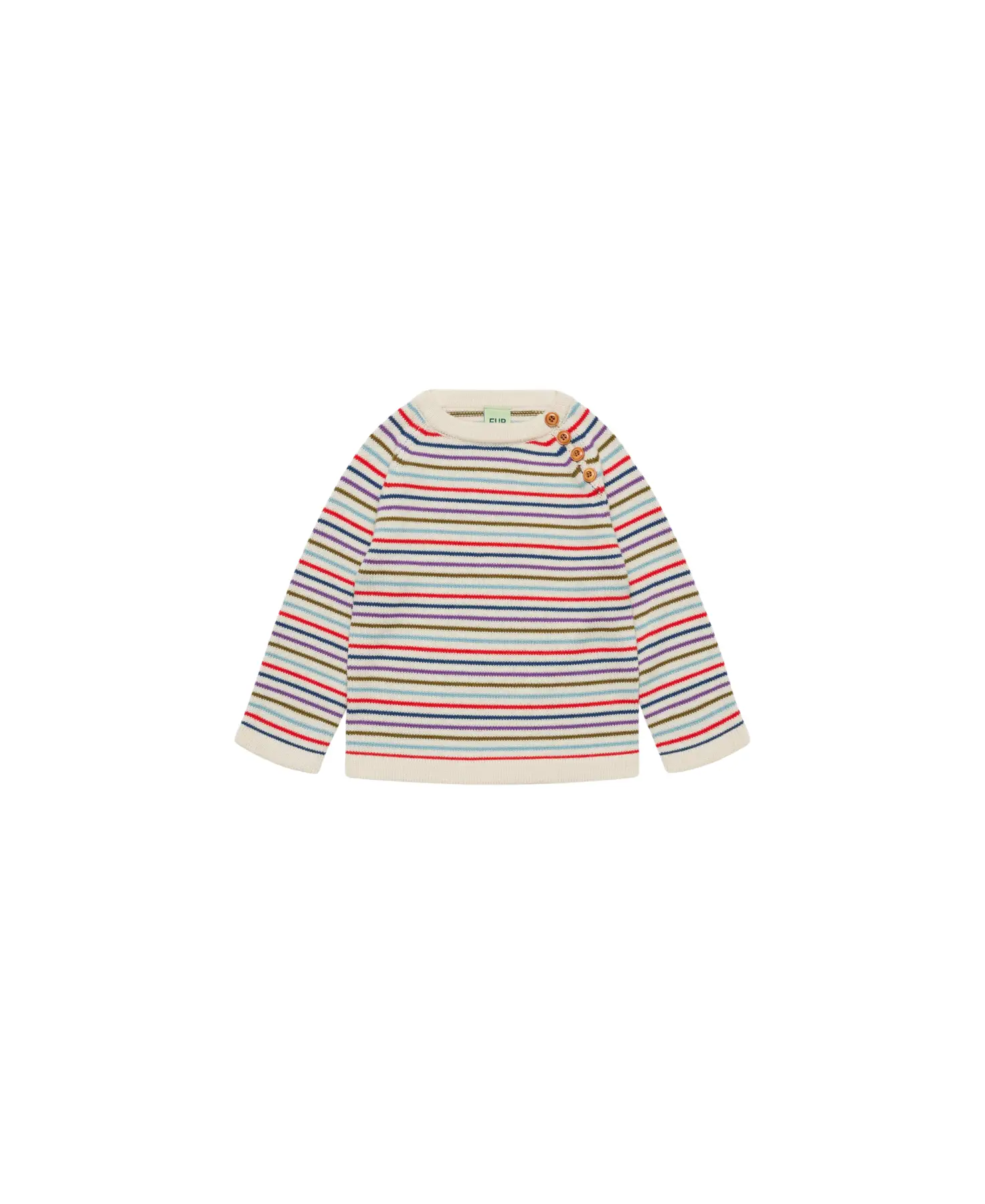 Pull en merinos FUB anniversary stripe multicolore avec boutons bois Citron Grenadine