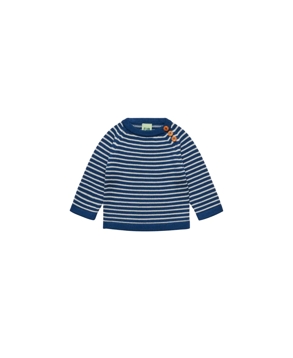 Pull enfant mérinos rayé deep indigo et écru, boutons orange sur l’épaule, Citron Grenadine