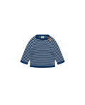Pull enfant mérinos rayé deep indigo et écru, boutons orange sur l’épaule, Citron Grenadine