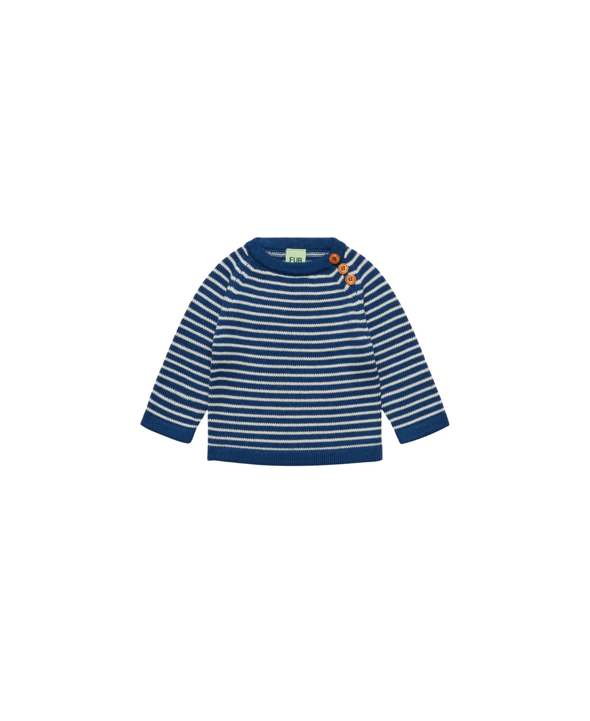 Pull enfant mérinos rayé deep indigo et écru, boutons orange sur l’épaule, Citron Grenadine