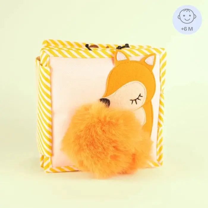 JOLLY DESIGNS livre d'éveil pour bébés, renard orange en peluche avec pompon et cadre jaune rayé