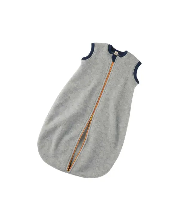 Gigoteuse en laine sans manches pour bébé, gris chiné avec zip orange et bordures bleu marine