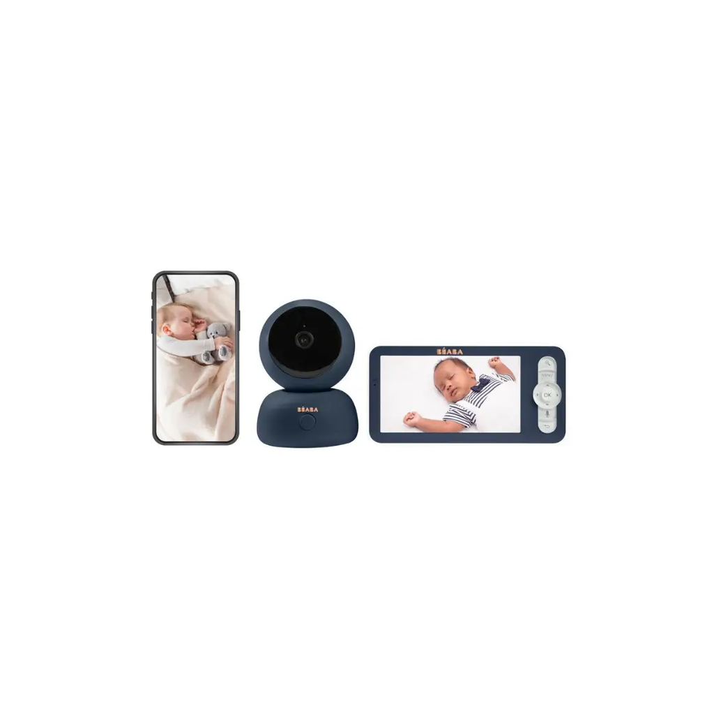 BÉABA Zen Premium 2 video baby monitor in night blue with camera, stand, and handheld monitor