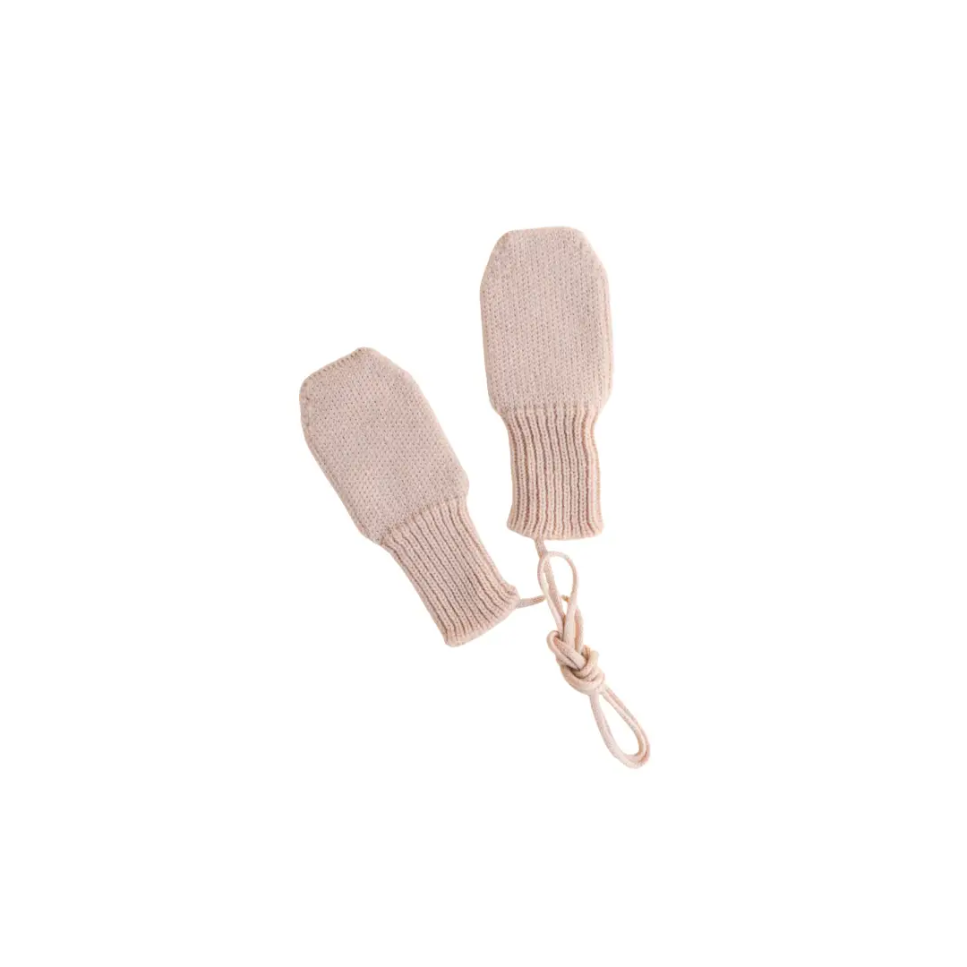 Baby apricot knitted mittens with tie cord and ribbed cuffs