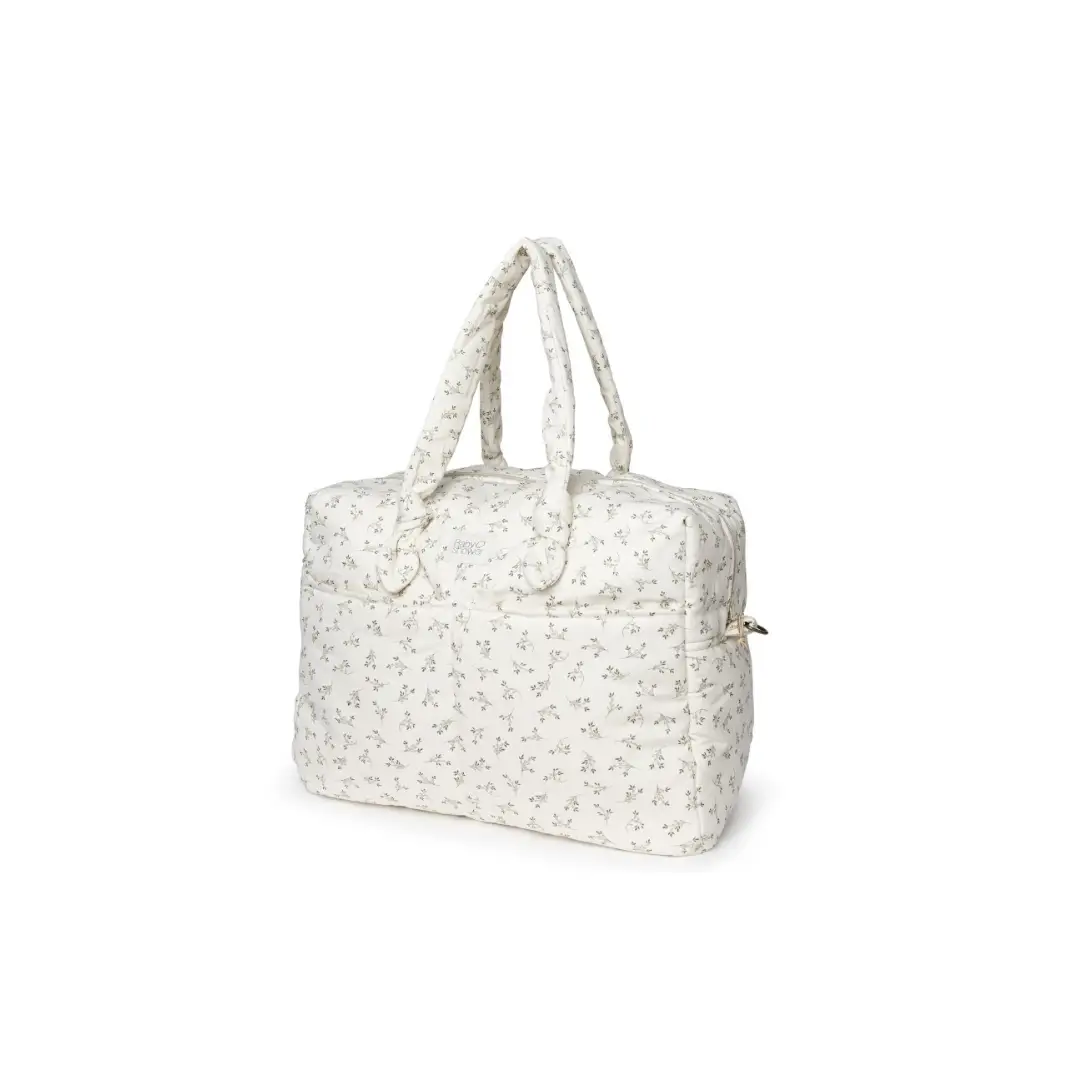 Sophie diaper bag by Citron Grenadine, olive bloom print on cream fabric with dual handles