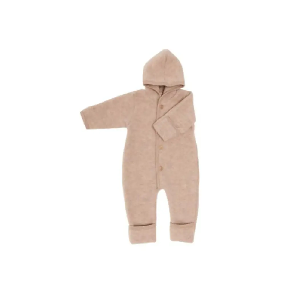 Engel Natur combi pilote baby snowsuit in sand melange, hooded one-piece.