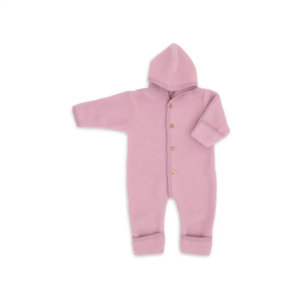 Engel Natur combi pilote baby snowsuit in pink heather fleece with hood and wooden buttons