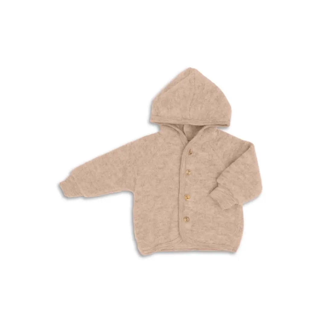 Engel Natur veste sand cardigan with hood, beige knit and wooden buttons.