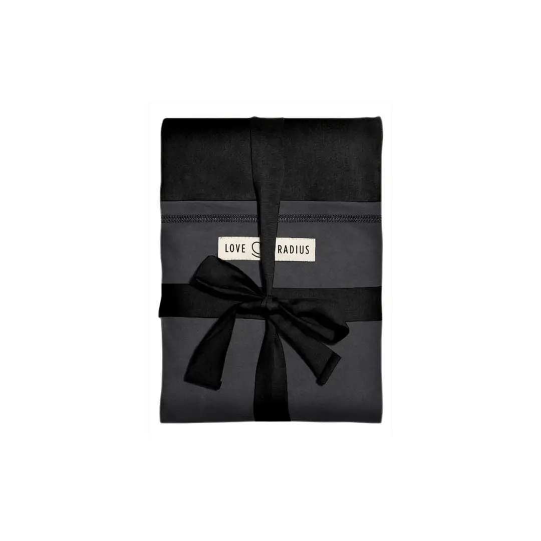 Love Radius JPMBB scarf, black, folded with a black ribbon and visible logo tag.