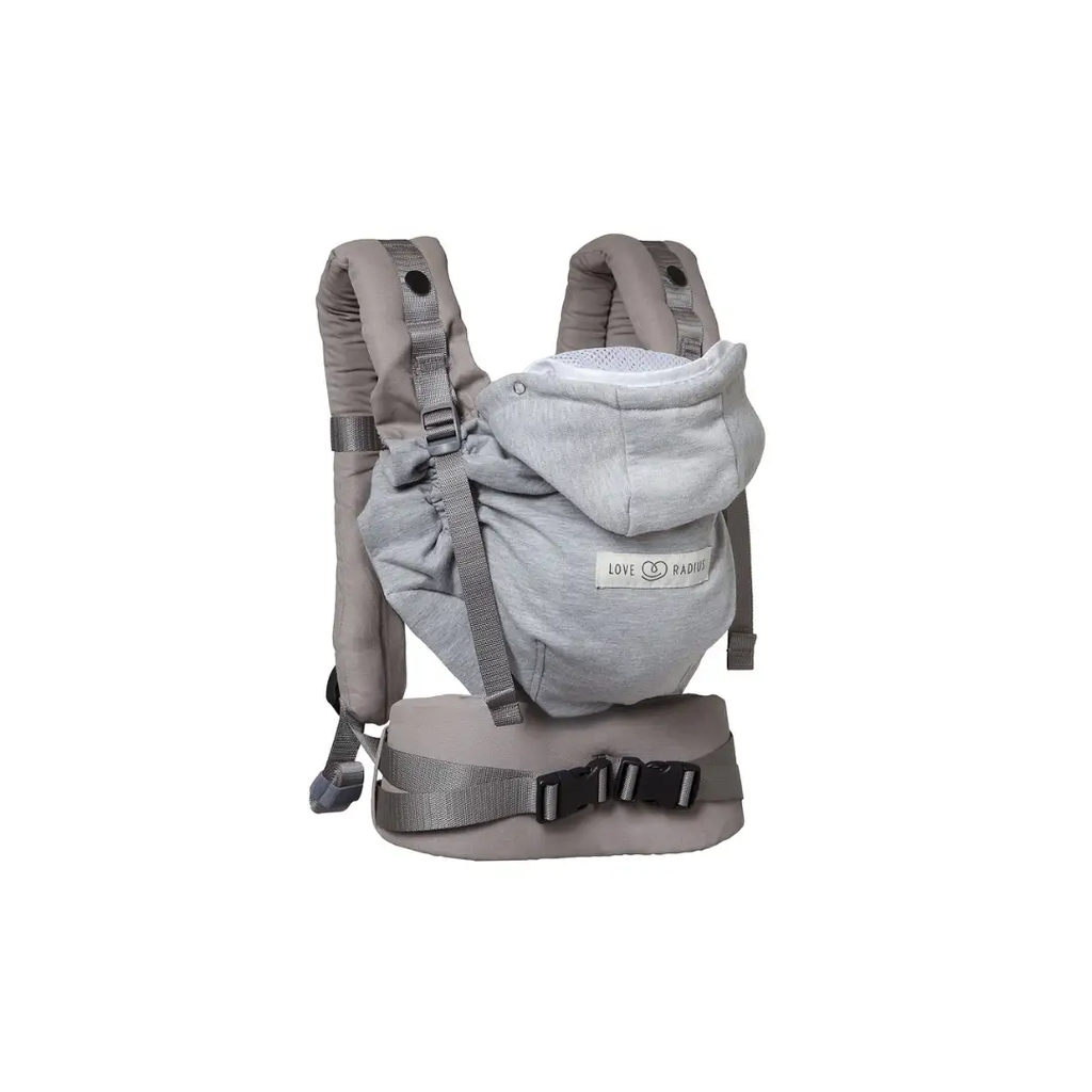 Love Radius HoodieCarrier 2 grey baby carrier with padded shoulder straps and waist belt
