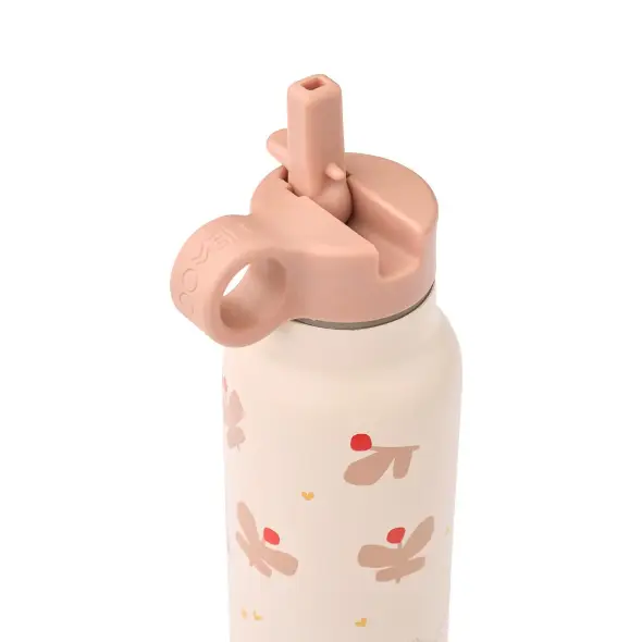LIEWOOD 350ml water bottle with pink flip-top lid and butterfly apple blossom print on white.