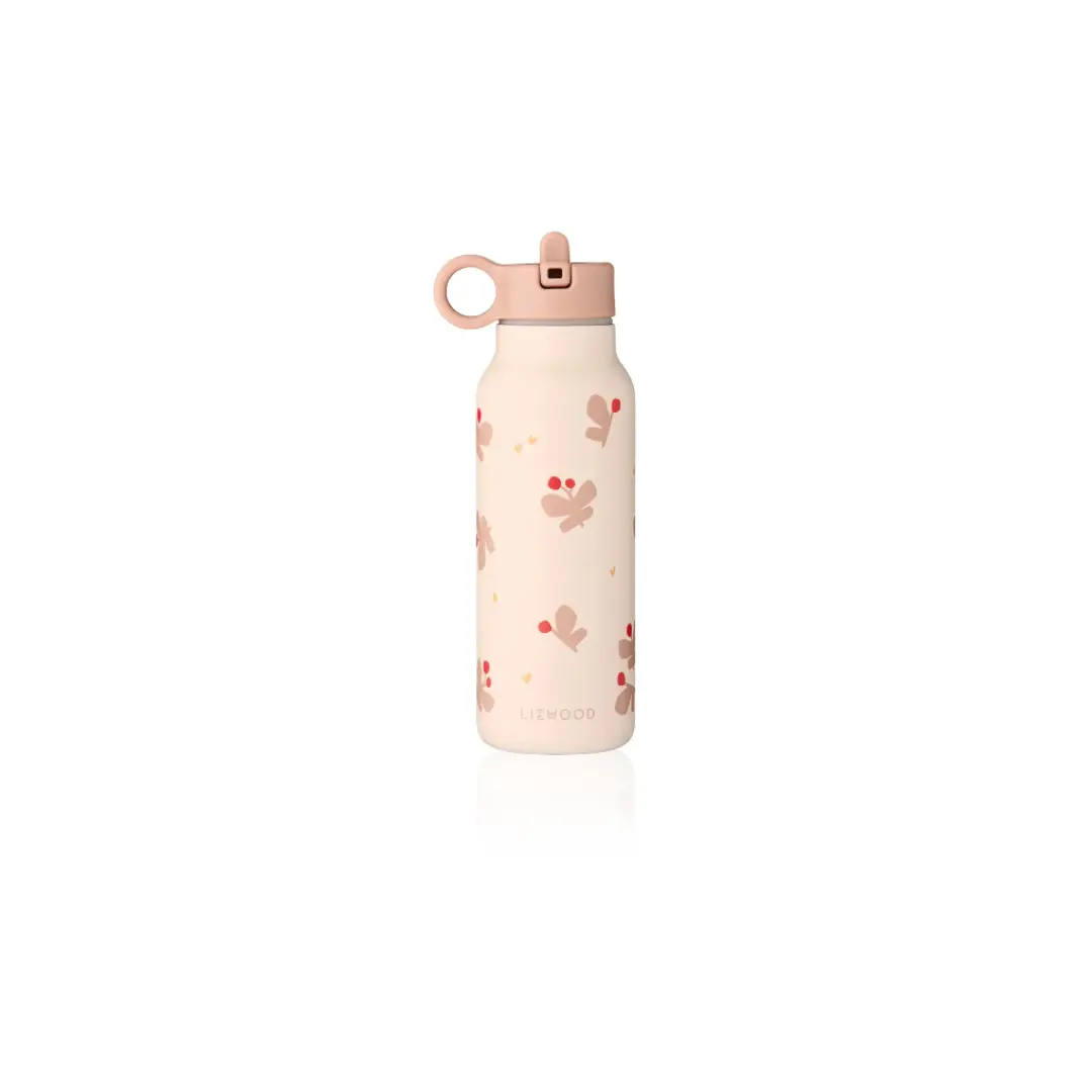 LIEWOOD gourde 350ml water bottle in pale pink with butterfly apple blossom pattern and pink loop lid