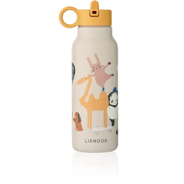 LIEWOOD gourde 350ml water bottle with yellow lid, illustrated animals (camel, rabbit, panda) on sandy backdrop.