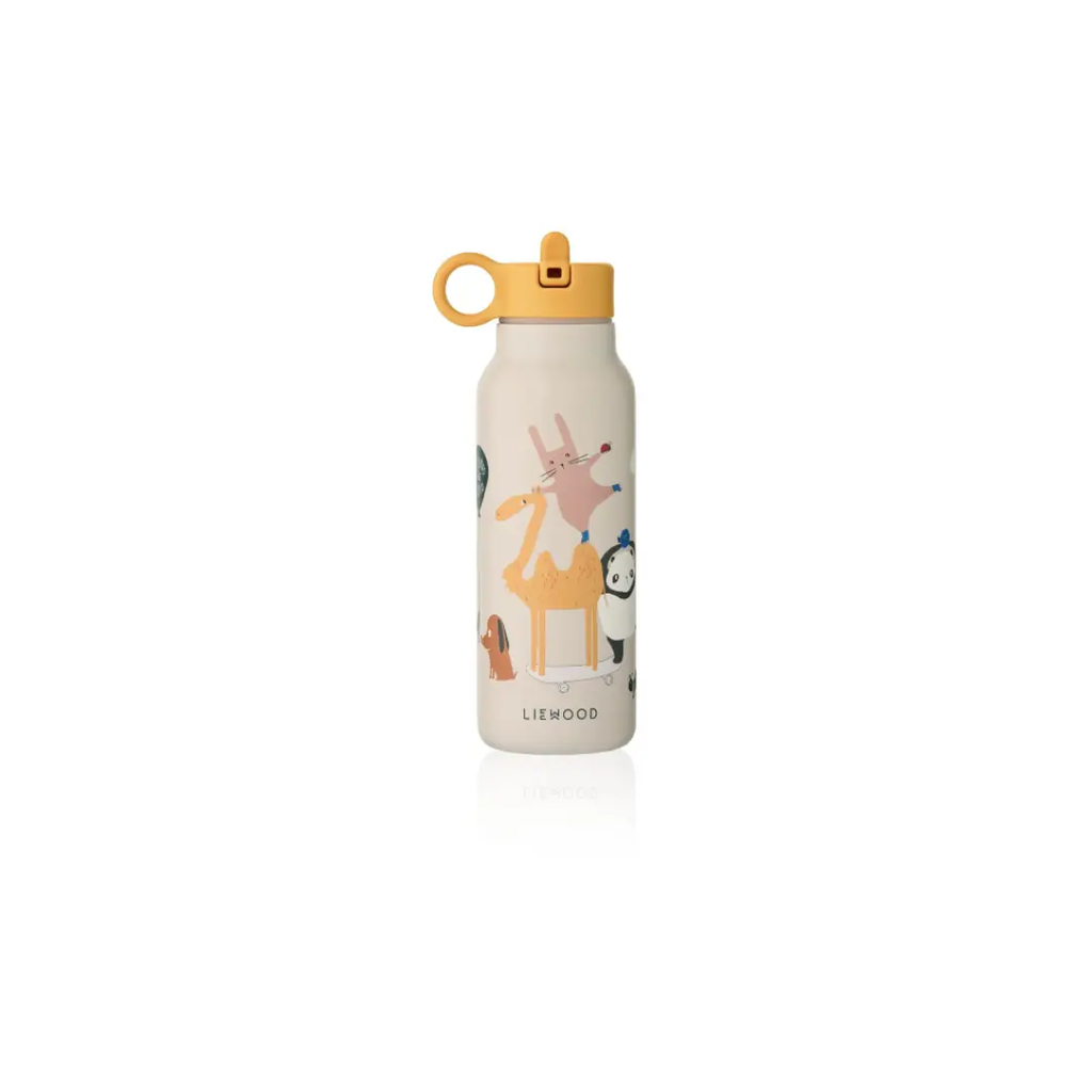 LIEWOOD gourde water bottle, 350ml, sandy beige with yellow lid and playful animal illustration