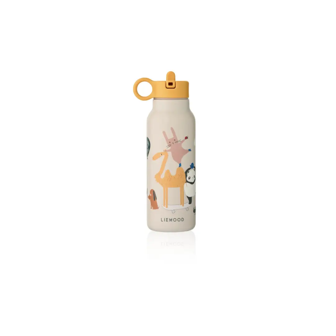 LIEWOOD gourde water bottle, 350ml, sandy beige with yellow lid and playful animal illustration