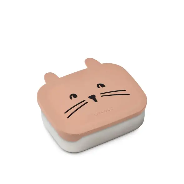 LIEWOOD Arthur cat lunchbox; pink lid with ears atop white body.