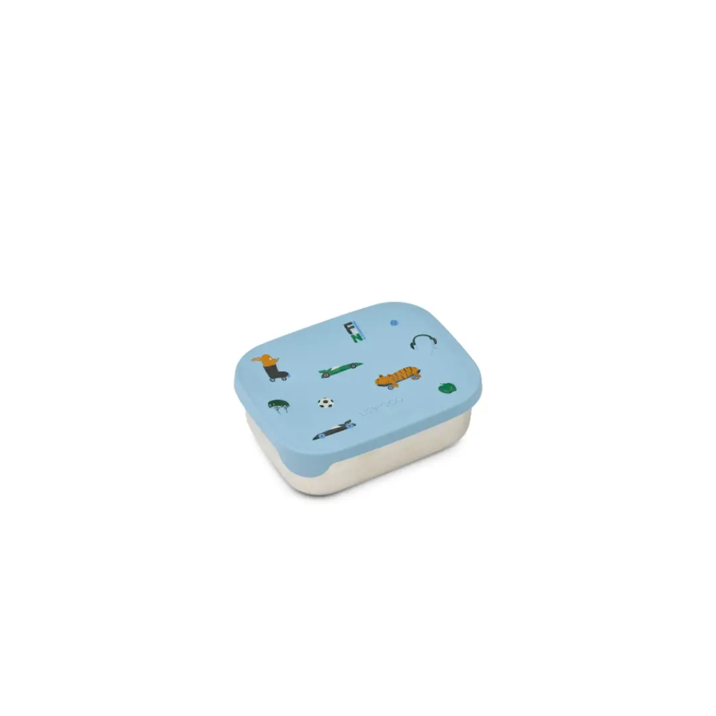 LIEWOOD lunchbox Arthur, fun beach blue lid with playful illustrations on beige base