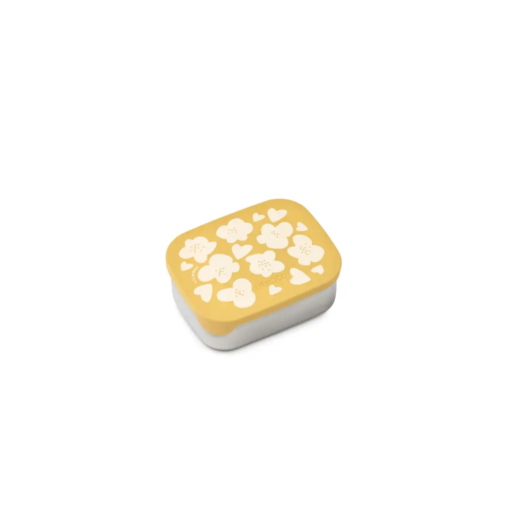 LIEWOOD Arthur lunchbox, lemon-yellow lid with white floral pattern