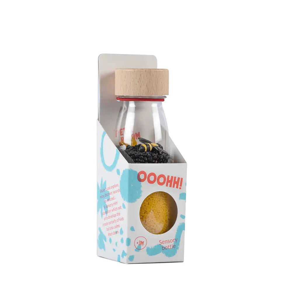 Petit Boum sensory bottle bees by Citron Grenadine; baby toy, glass bottle with wooden cap, beads inside