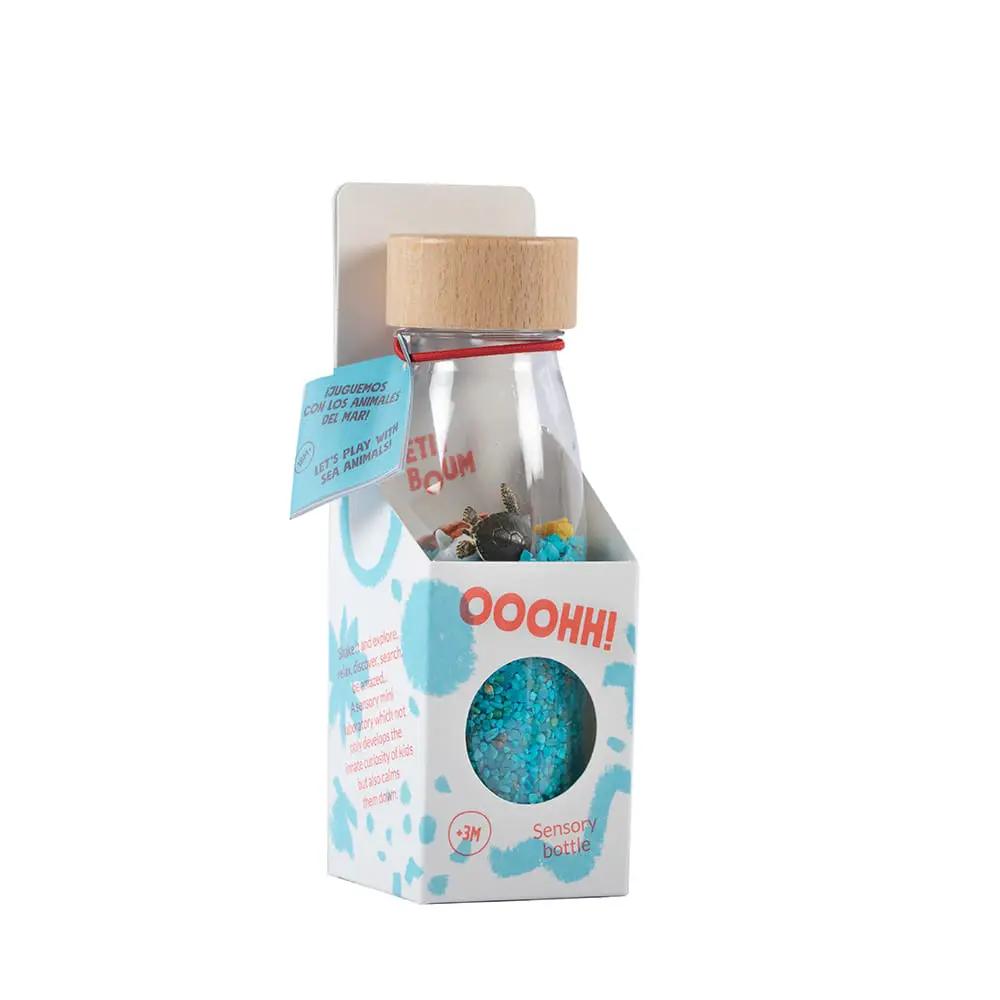 PETIT BOUM bouteille sensorielle bleue avec bouchon en bois, Citron Grenadine – jouet d’éveil pour bébé
