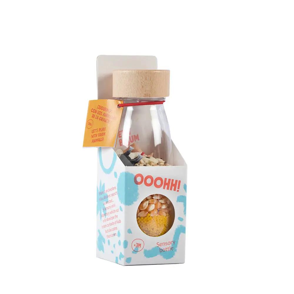 PETIT BOUM bottle sensorielle with wooden cap, farm spy bottle in open box packaging by Citron Grenadine
