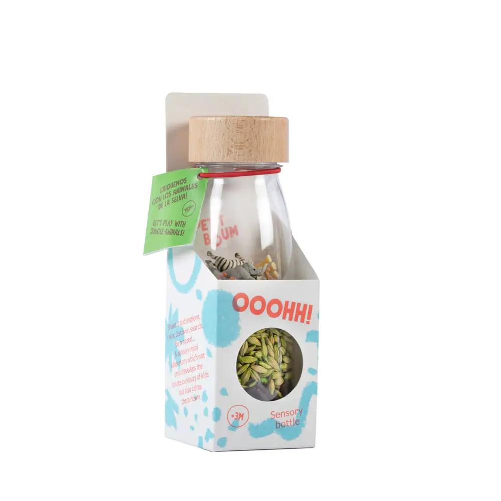 PETIT BOUM bouteille sensorielle jungle, jouet d’éveil bébé — bouteille en verre avec bouchon en bois